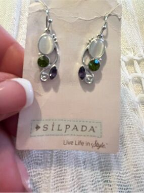 Silpada Silver Earrings with Green, Purple, White Stones